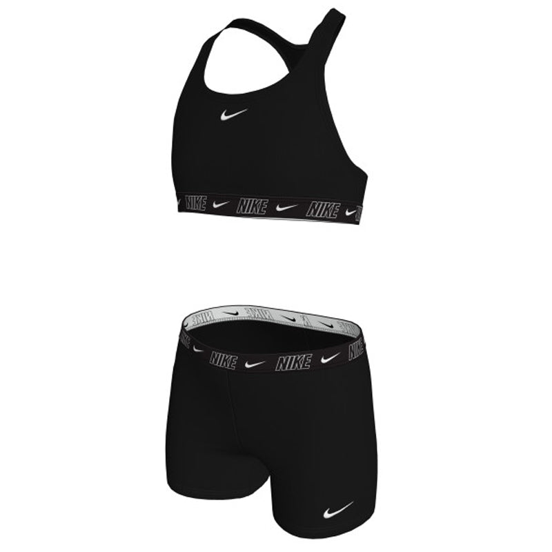 Nike - Logo Tape Girl's Racerback Bikini & Short Set (Black)