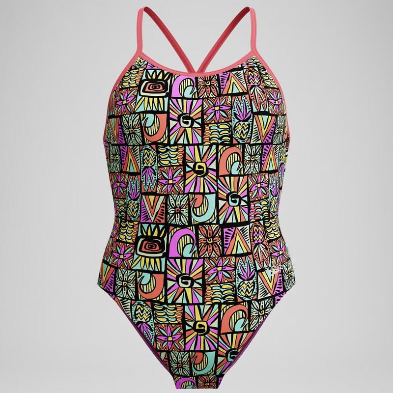 Speedo - Girls' Allover Digital Milo Blocks Vback Swimsuit - Black/Coral