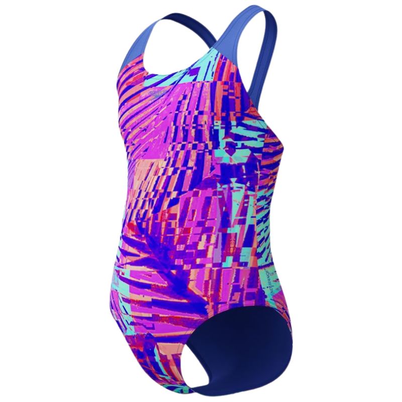 Speedo - Girls Allover Palm-Print Splashback Swimsuit - Pink/Blue