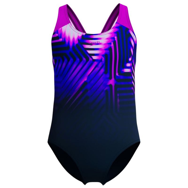 Speedo - Girls' Digital Placement Geometric-Print Splashback Swimsuit - Navy/Pink