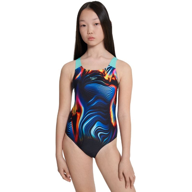 Speedo - Girls Digital Placement Powerback Swimsuit - Black/Arctic Glass