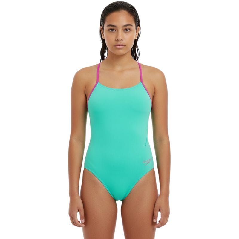 Speedo - Girls Solid Lane Line Back Swimsuit - Turquoise
