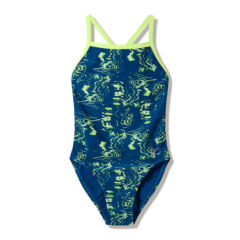 Speedo - Women's Club Training Printed Turnback Swimsuit - Mirage Time/Denim Teal