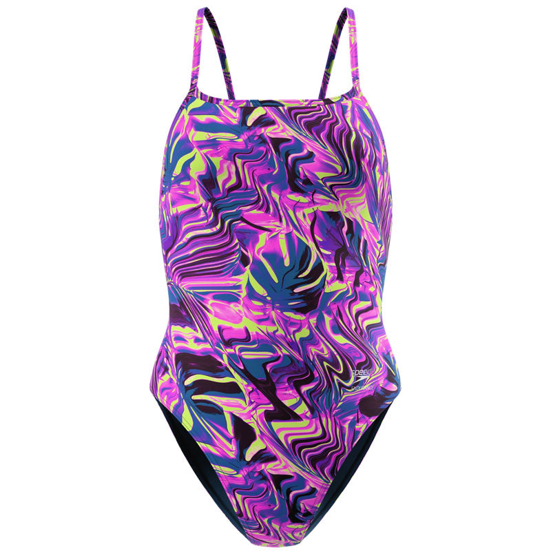 Speedo - Women's Club Training Printed Web Back Swimsuit - Techno Jungle/Orchid Shine