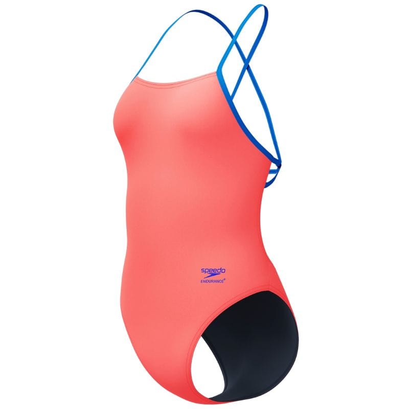 Speedo - Women's Club Training Solid Tie Back Swimsuit - Neon Coral/Navy