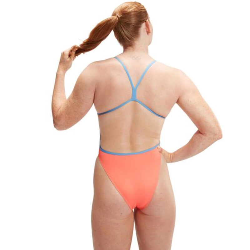 Speedo - Women's Solid VBack Swimsuit - Disco Peach/Curious Blue