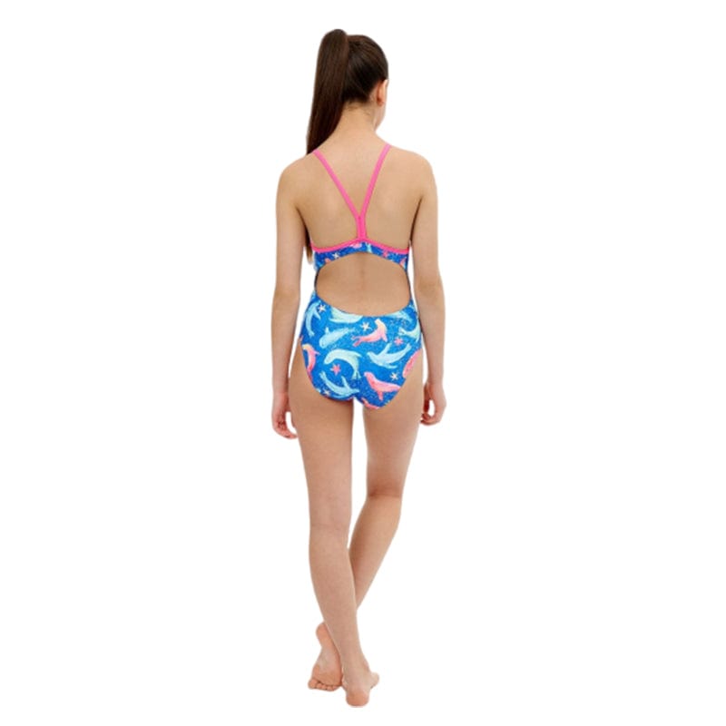 Maru - Sealed with a Kiss Ecotech Sparkle Fly Back Girls Swimsuit - Blue/Multi