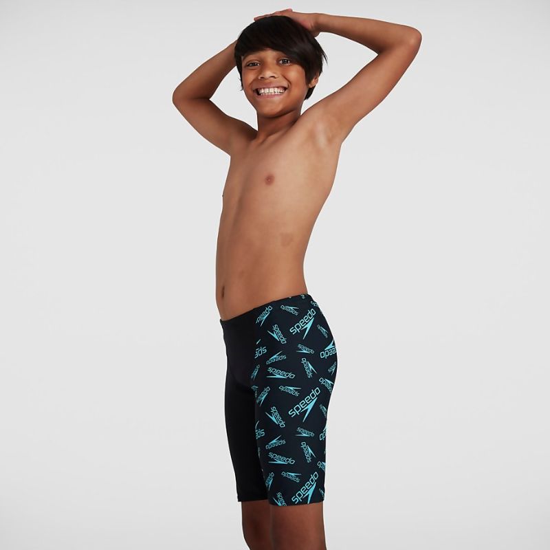 Speedo - Boy's Boom Logo Allover V Cut Jammer - Black/Blue