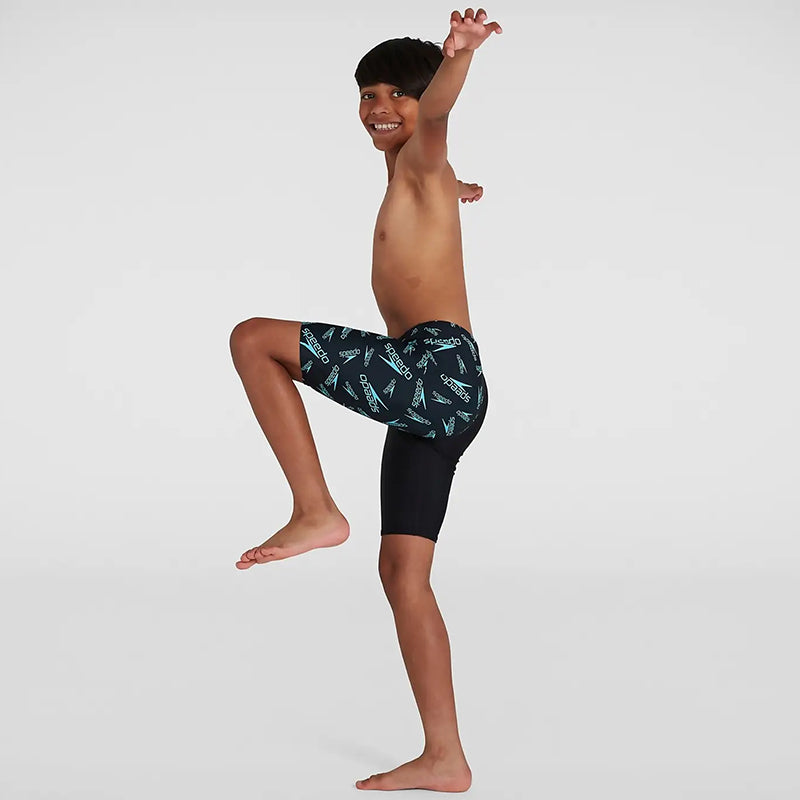 Speedo - Boy's Boom Logo Allover V Cut Jammer - Black/Blue