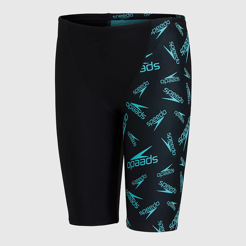 Speedo - Boy's Boom Logo Allover V Cut Jammer - Black/Blue
