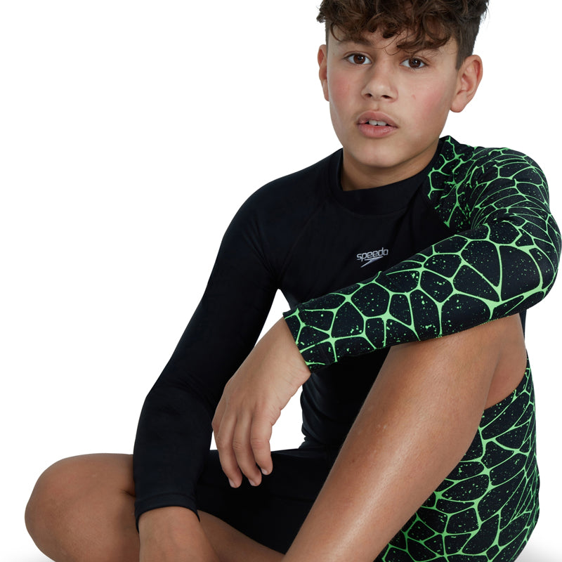 Speedo - Boys Long Sleeve Printed Rash Top - Black/Green