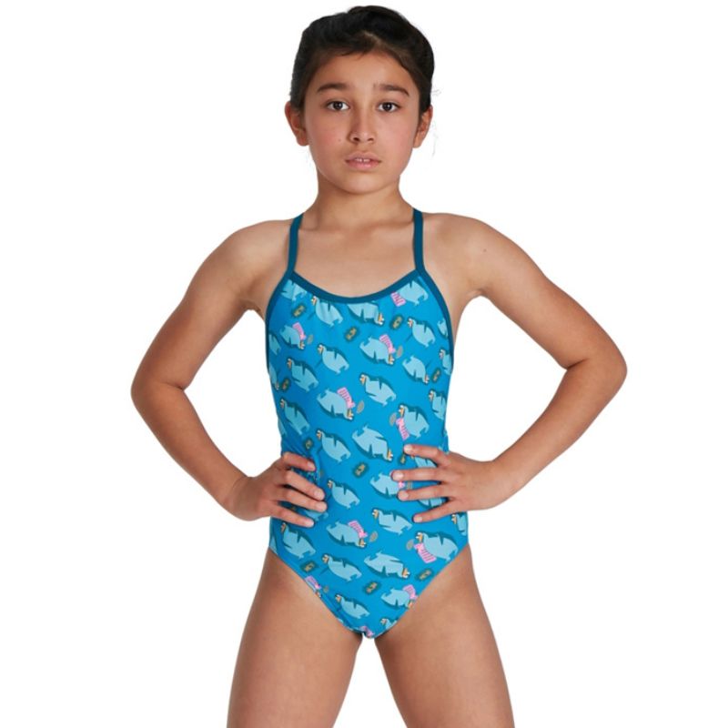 Speedo - Girls Flipper Phone Allover VBack Swimsuit - Blue/Blue