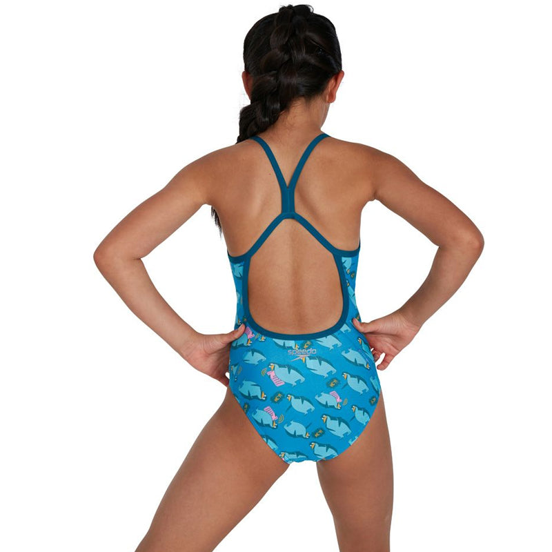 Speedo - Girls Flipper Phone Allover VBack Swimsuit - Blue/Blue