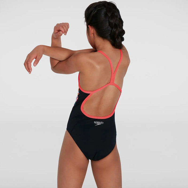 Speedo - Girls Polka Melt Placement VBack Swimsuit - Black/Red