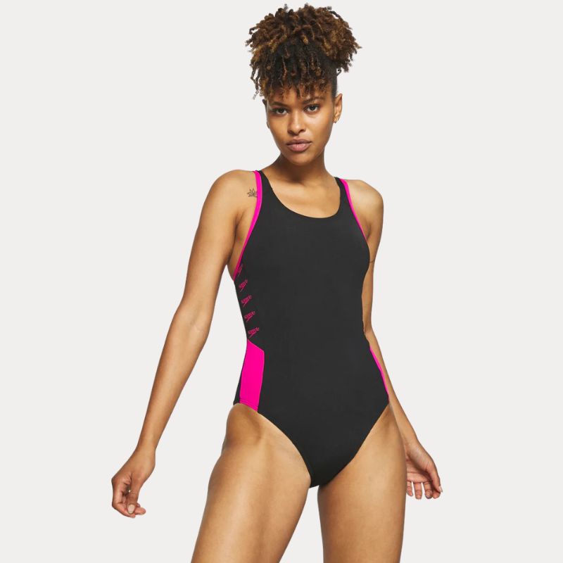 Speedo - Womens Boom Logo Splice Muscleback Swimsuit - Black/Pink