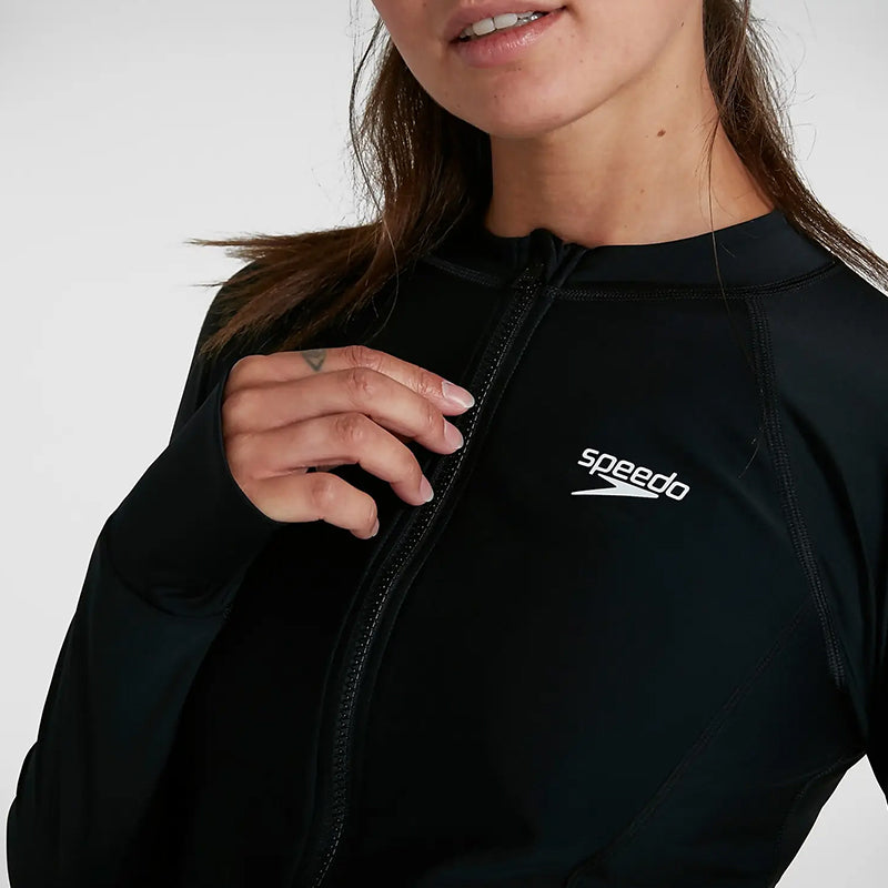 Speedo - Women's Essential Zip Front Rash Top - Black/White