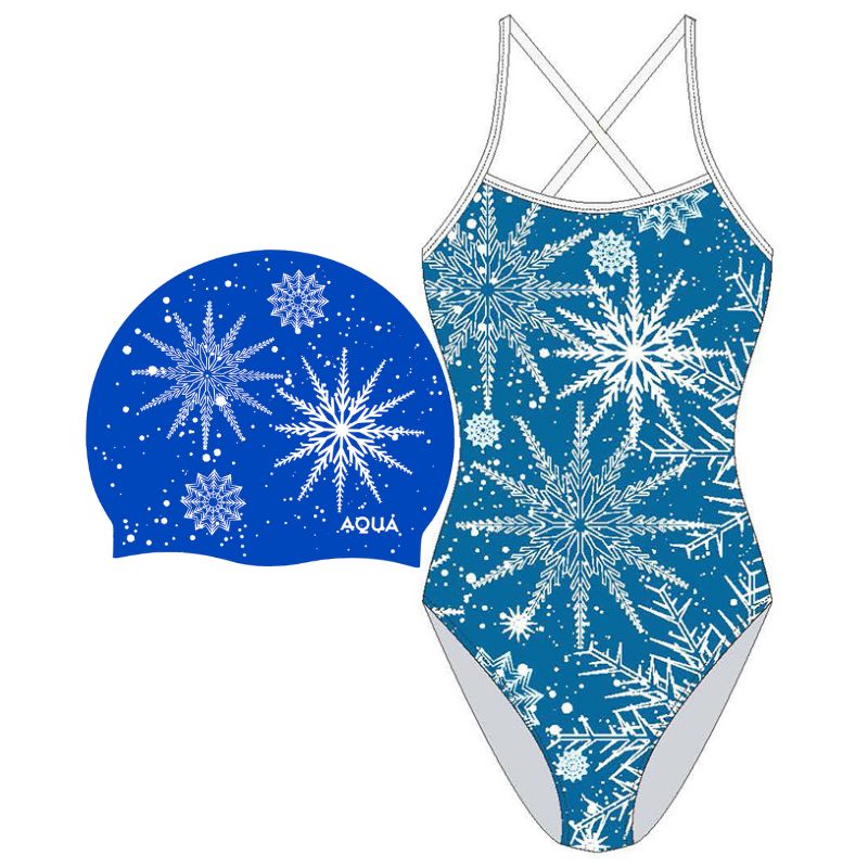 AQUA - Xmas Blue Girls One Piece & Swim Hat Bundle