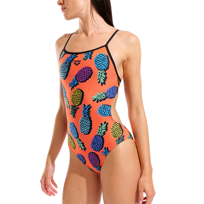 Arena - Juicy Fruits Pineapples Tie Back Ladies Swimsuit - Orange/Multi-Black