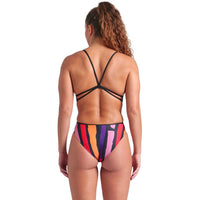 Arena - Let It Beat Painters Stripe Lace Back Ladies Swimsuit - Black/Multi