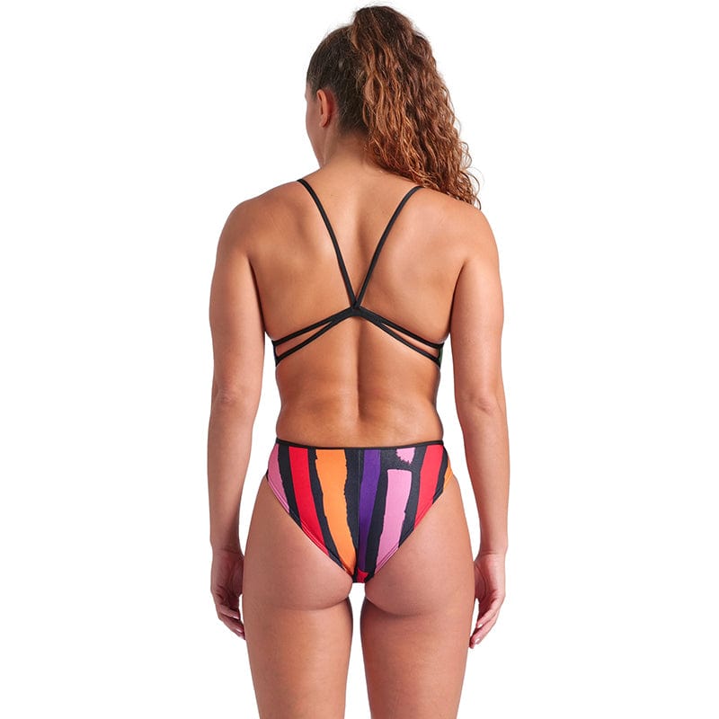 Arena - Let It Beat Painters Stripe Lace Back Ladies Swimsuit - Black/Multi