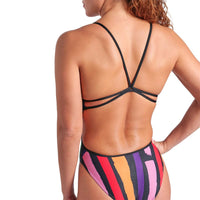 Arena - Let It Beat Painters Stripe Lace Back Ladies Swimsuit - Black/Multi