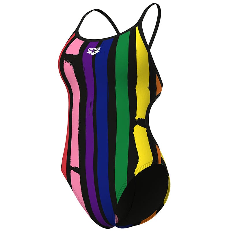 Arena - Let It Beat Painters Stripe Lace Back Ladies Swimsuit - Black/Multi
