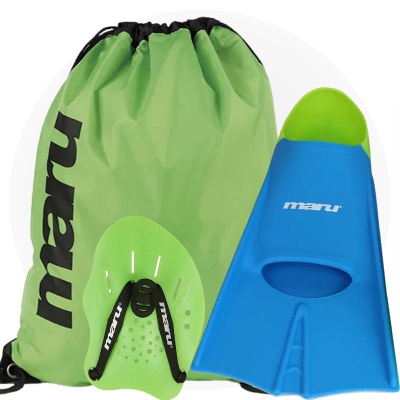 Maru - Lime Short Blade Fins-Hand Paddle-Swim Bag Bundle