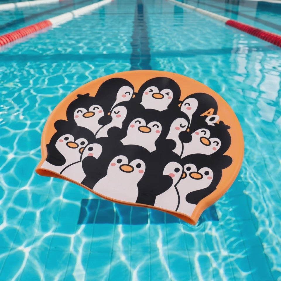 Penguin Huddle Silicone Swim Hat - Orange