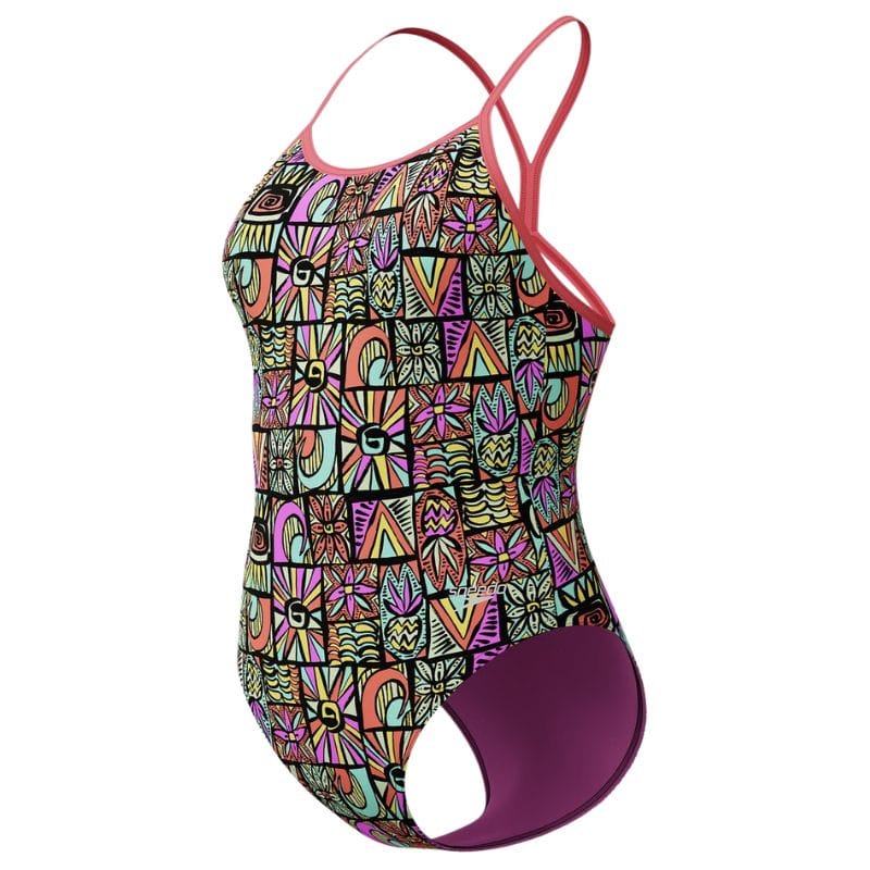 Speedo - Girls' Allover Digital Milo Blocks Vback Swimsuit - Black/Coral