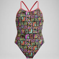 Speedo - Girls' Allover Digital Milo Blocks Vback Swimsuit - Black/Coral