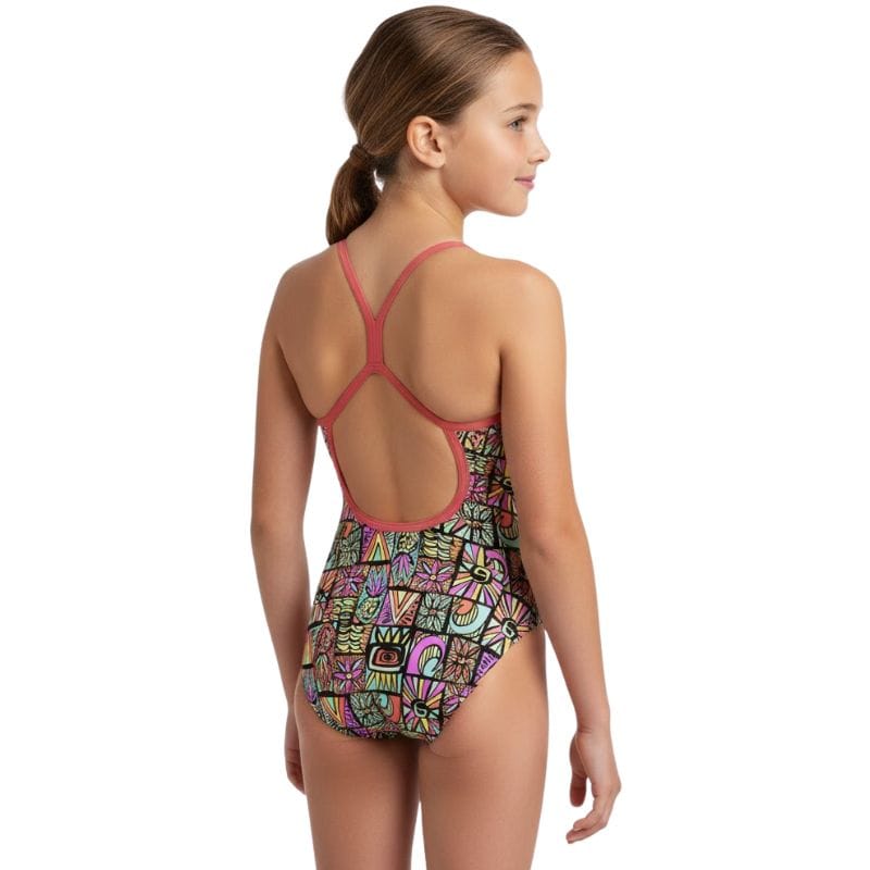 Speedo - Girls' Allover Digital Milo Blocks Vback Swimsuit - Black/Coral