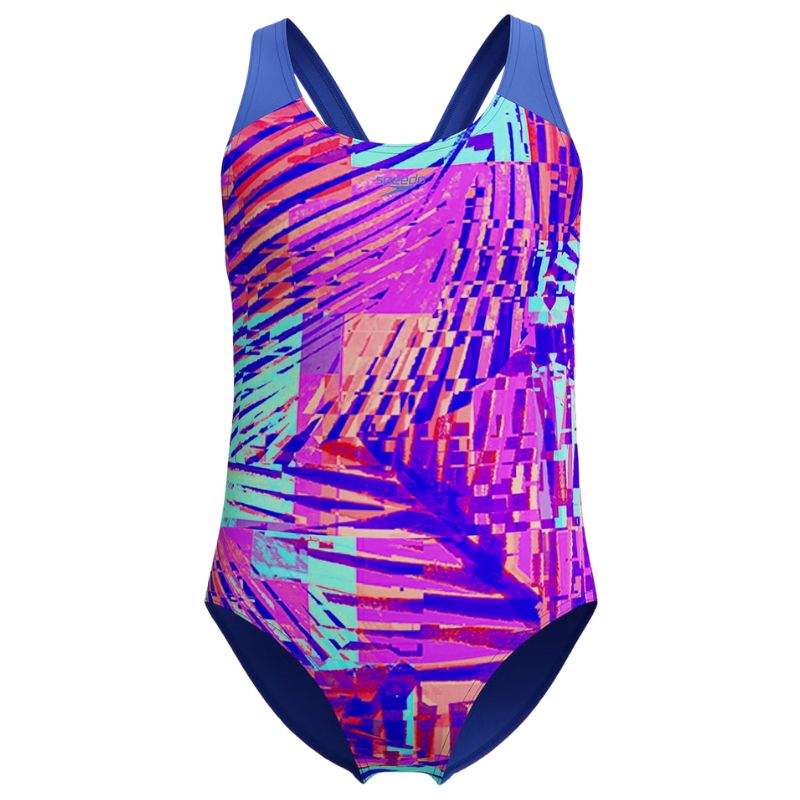 Speedo - Girls Allover Palm-Print Splashback Swimsuit - Pink/Blue