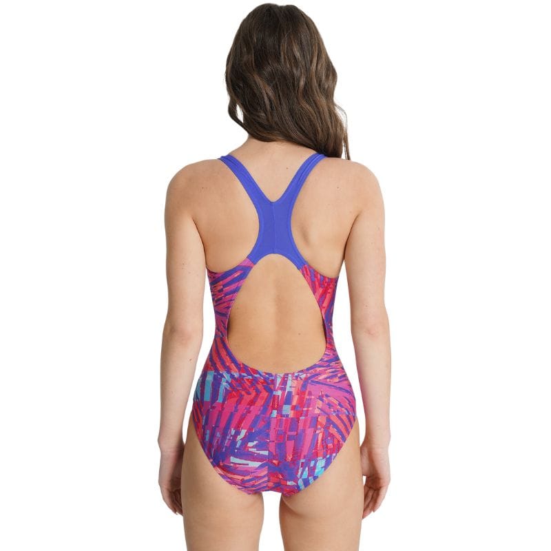 Speedo - Girls Allover Palm-Print Splashback Swimsuit - Pink/Blue