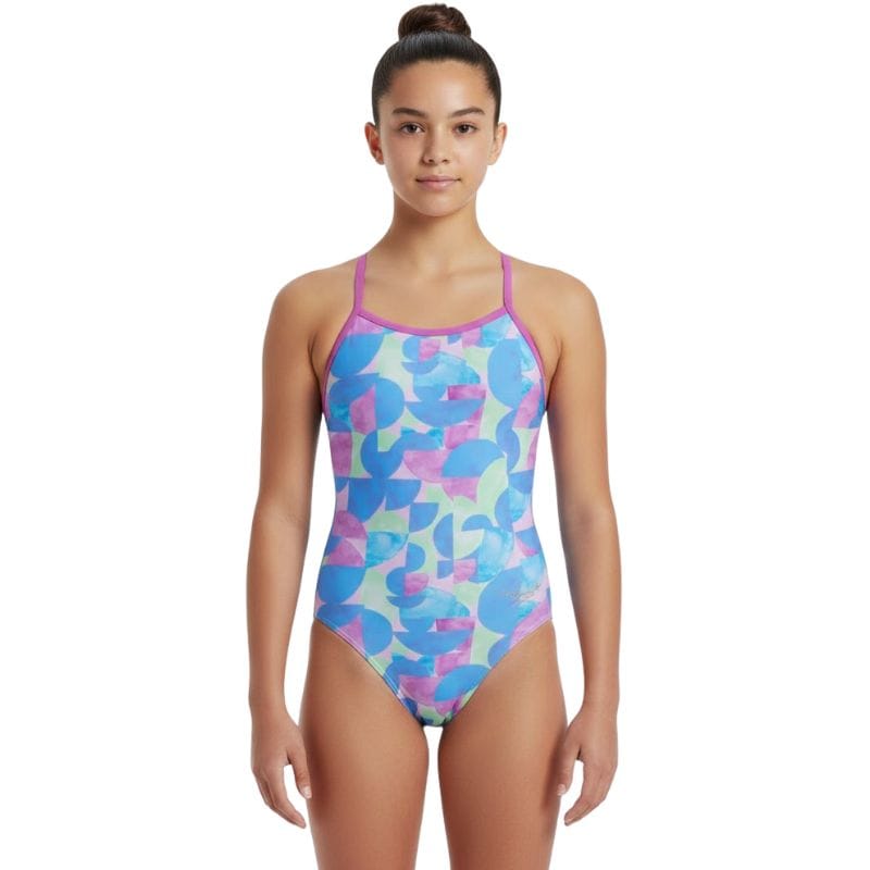Speedo - Girls' Club Training Allover Digital Vback Swimsuit - Blue/Pink