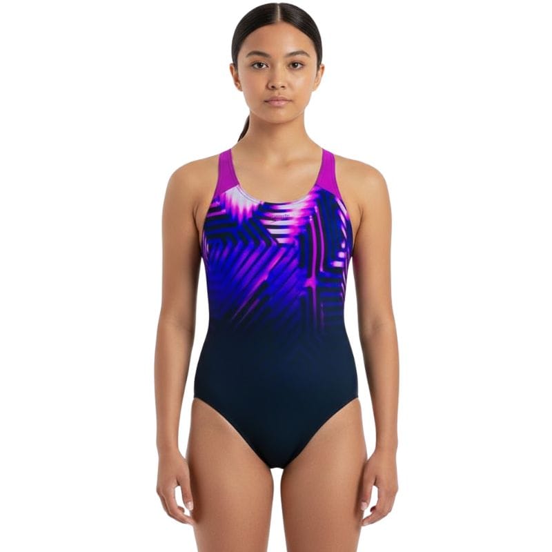 Speedo - Girls' Digital Placement Geometric-Print Splashback Swimsuit - Navy/Pink