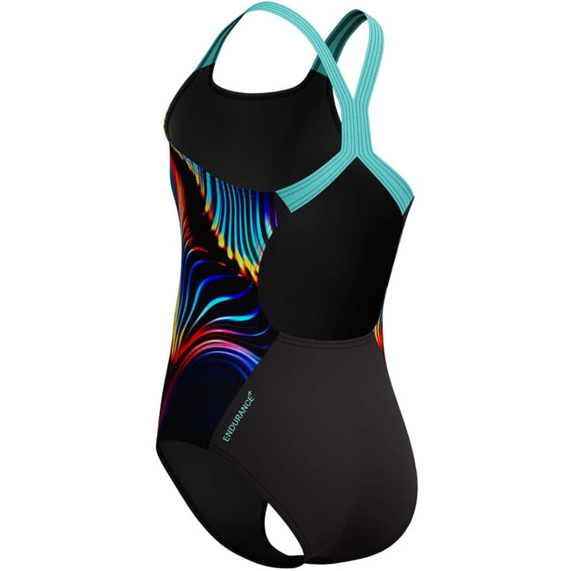 Speedo - Girls Digital Placement Powerback Swimsuit - Black/Arctic Glass