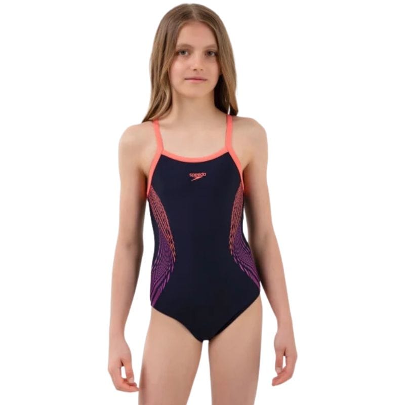 Speedo - Girls Plastisol Placement Thinstrap Muscleback Swimsuit - Navy/Coral