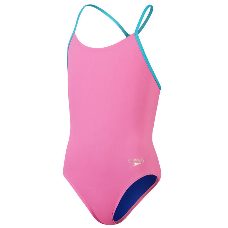 Speedo - Girls' Solid Lane Line Back Swimsuit - Pink/Blue