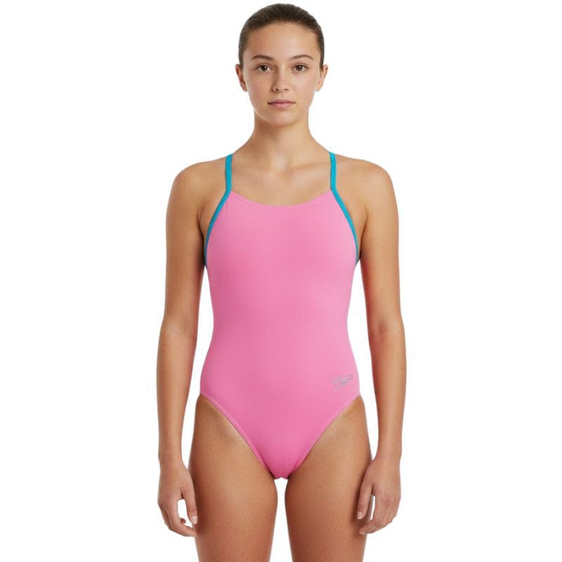 Speedo - Girls' Solid Lane Line Back Swimsuit - Pink/Blue
