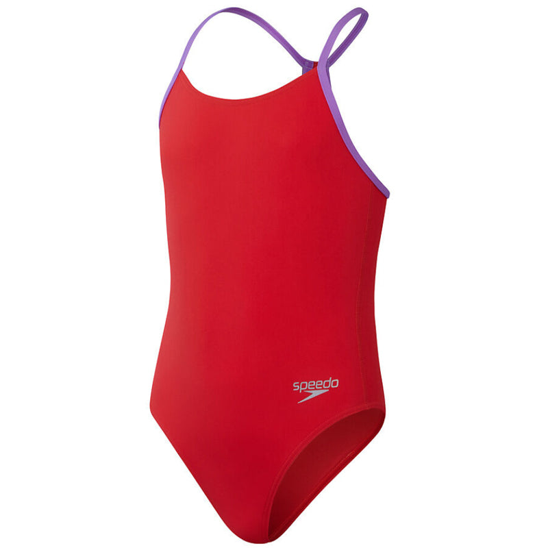 Speedo - Girls Solid Lane Line Back Swimsuit - Red