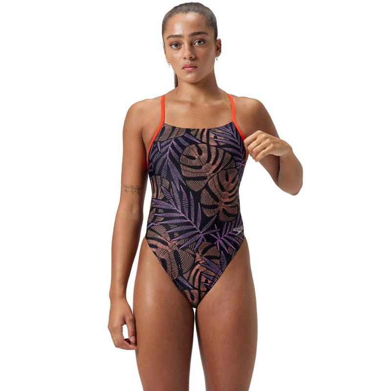 Speedo - Women's Allover Digital Tie Back Swimsuit - Orange/Multi