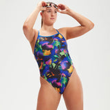 Speedo - Women's Club Training Allover Digital Vback Swimsuit - Blue/Pink
