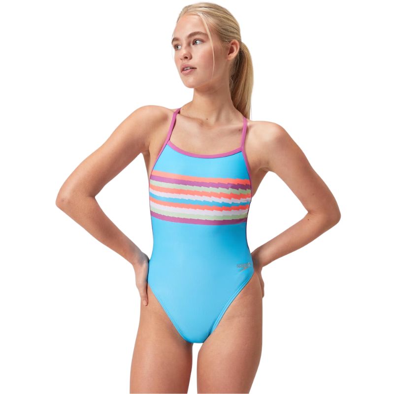 Speedo - Women's Club Training Placement Digital Vback Swimsuit - Blue/Pink