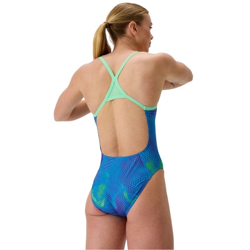 Speedo - Women's Club Training Printed Turnback Swimsuit - Blue/Green