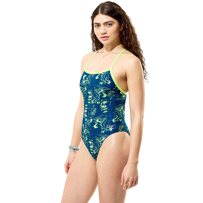 Speedo - Women's Club Training Printed Turnback Swimsuit - Mirage Time/Denim Teal