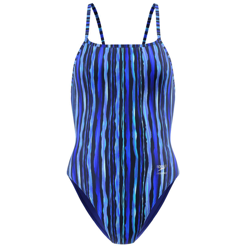 Speedo - Women's Club Training Printed Web Back Swimsuit - Brushy Stripes/Calm Cobalt