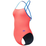 Speedo - Women's Club Training Solid Tie Back Swimsuit - Neon Coral/Navy