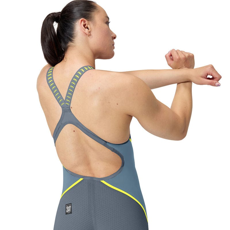 Speedo - Women's Fastskin LZR Pure Intent 2.0 Openback Kneeskin - Grey Lead/Acadia Blue/Hyper Yellow