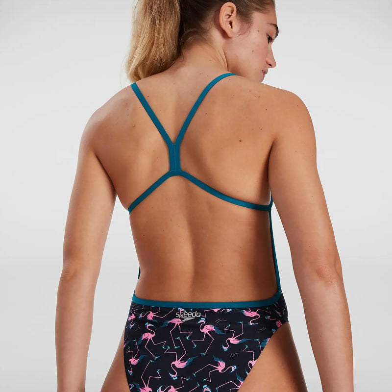 Speedo - Women's Flamingo Flare Allover Vback Swimsuit - Blue/Pink