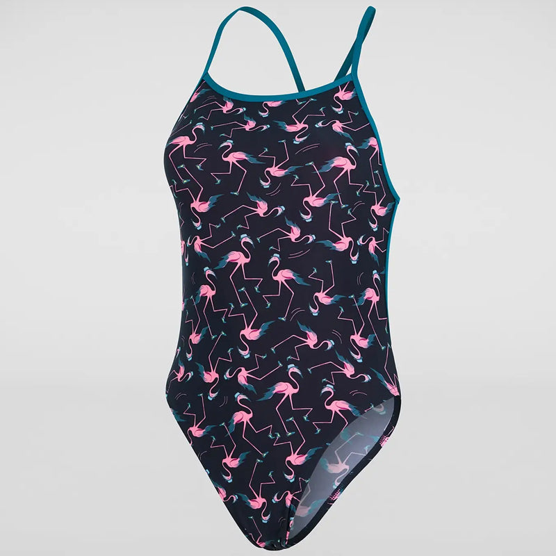 Speedo - Women's Flamingo Flare Allover Vback Swimsuit - Blue/Pink